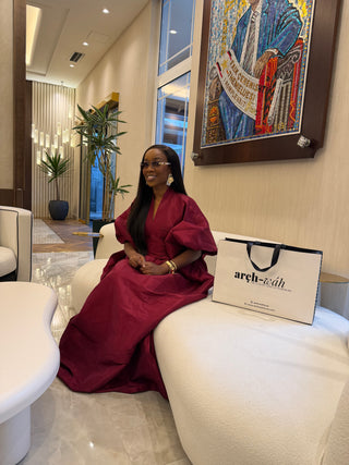 Luxury Nigerian boubou dress from AREHWAH Luxe in raw silk material